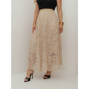 Saia de Renda Longa Feminina Flor Forrada Evangélica Elegante Moda 3RD SD1831