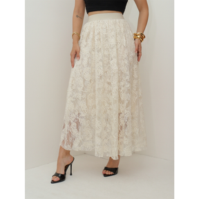 Saia de Renda Longa Feminina Flor Forrada Evangélica Elegante Moda 3RD SD1831