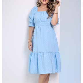 Vestido midi feminino coração, bolinhas, decote quadrado e mangas curtas bufantes, corte A, franzido, bainha com babados