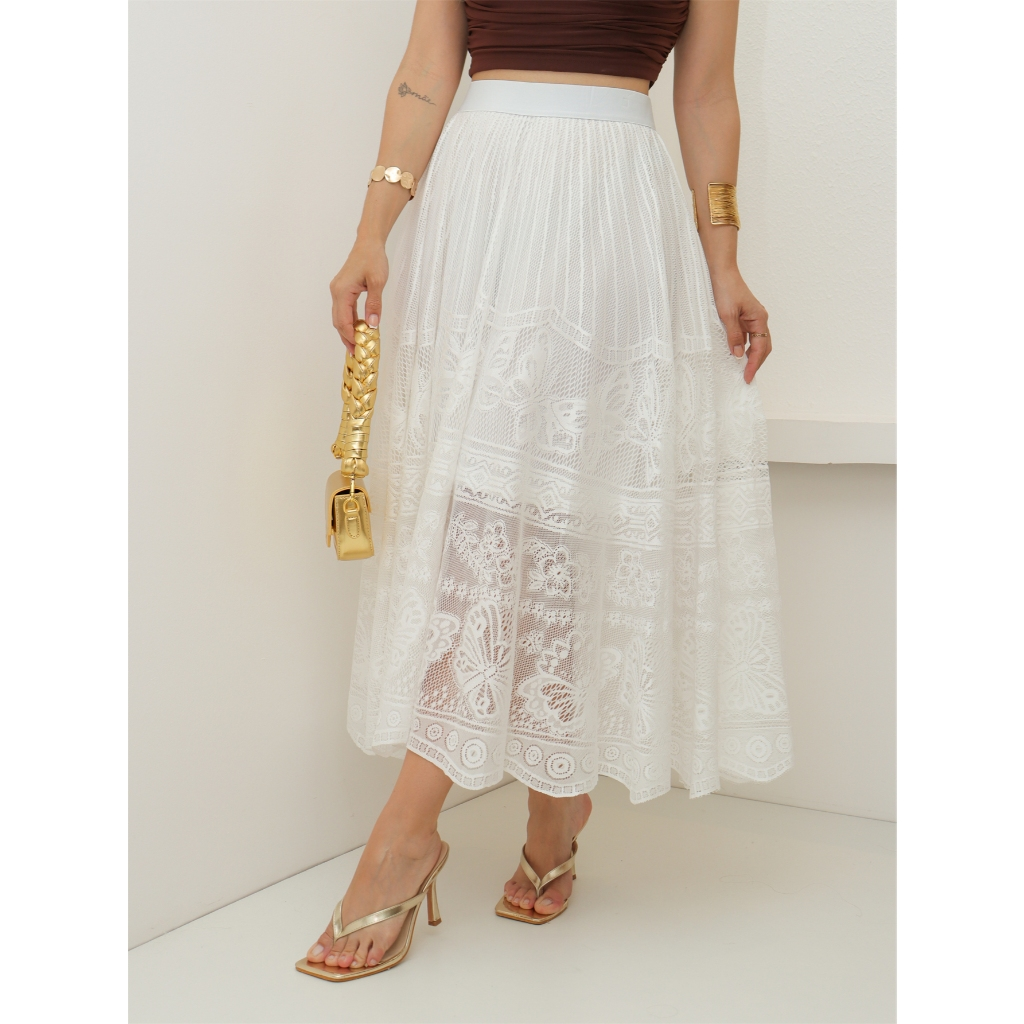 Saia Midi de Renda Feminina Flor Forrada Evangélica Elegante Casaul Festa 3RD SD1749