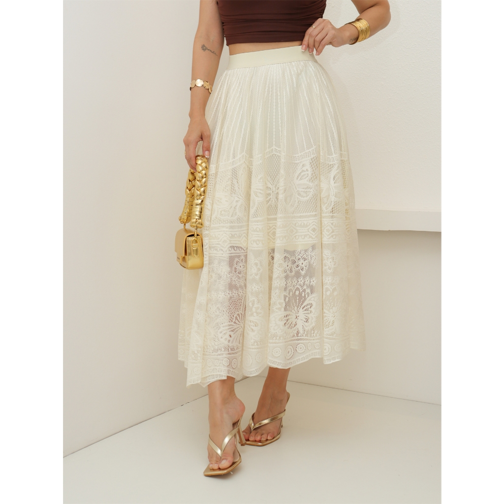 Saia Midi de Renda Feminina Flor Forrada Evangélica Elegante Casaul Festa 3RD SD1749