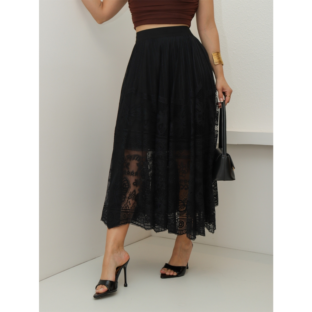 Saia Midi de Renda Feminina Flor Forrada Evangélica Elegante Casaul Festa 3RD SD1749