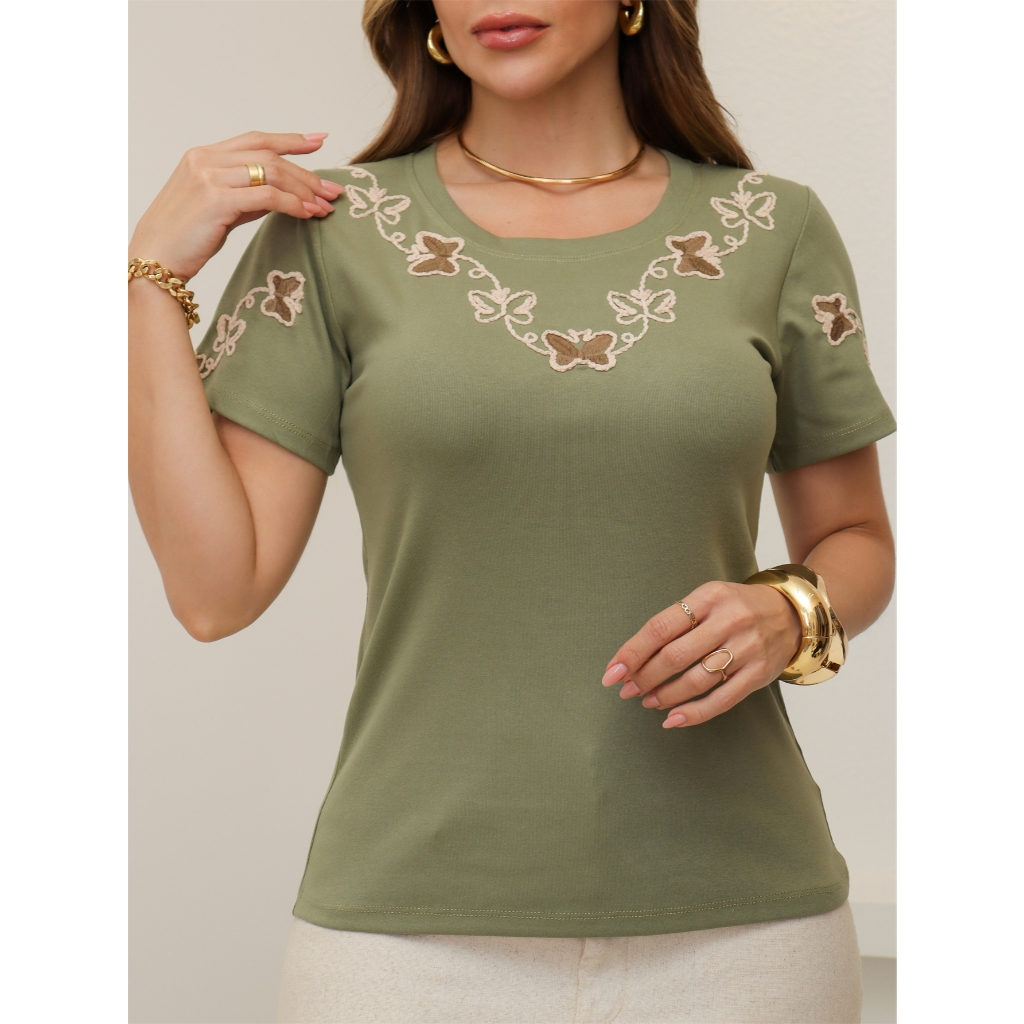 Blusa Feminina T-Shirt Camiseta Algodão Canelada Estampada Casual Moda Verão 3RD SD1841