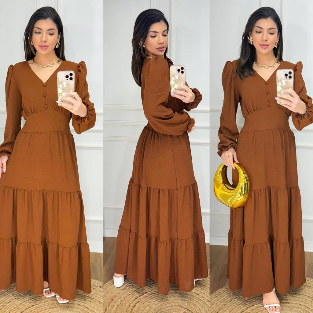 Vestido Longo Liso Feminino Com Manga Longa Com Elastex Nas Costas