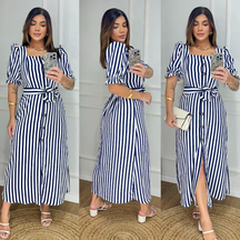 Vestido Longo Listrado com Botões e Cinto - Manga Bufante - Modelo Elegante com Elastex