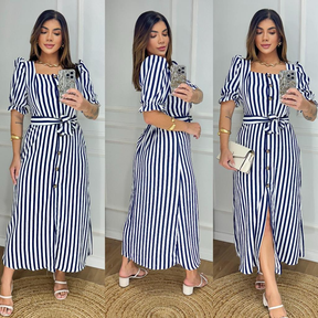 Vestido Longo Listrado com Botões e Cinto - Manga Bufante - Modelo Elegante com Elastex