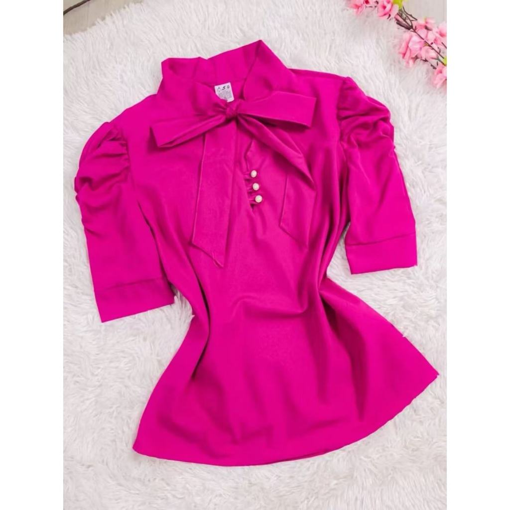 Blusa Plus Size G1 G2 G3 Feminina Social Manga Curta Bufante com laçinho Moda evangélica -0260
