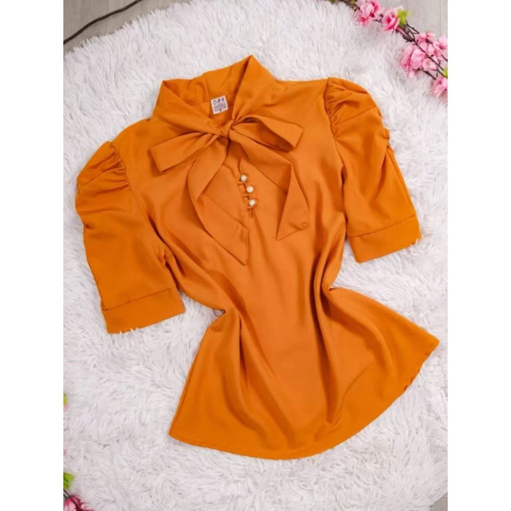 Blusa Plus Size G1 G2 G3 Feminina Social Manga Curta Bufante com laçinho Moda evangélica -0260