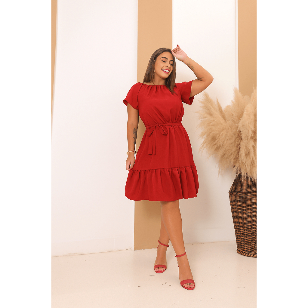 Vestido Feminino Curto Plus Size Moda Evangélica Jovem com Babado Amarração Manga Curta com Cinto