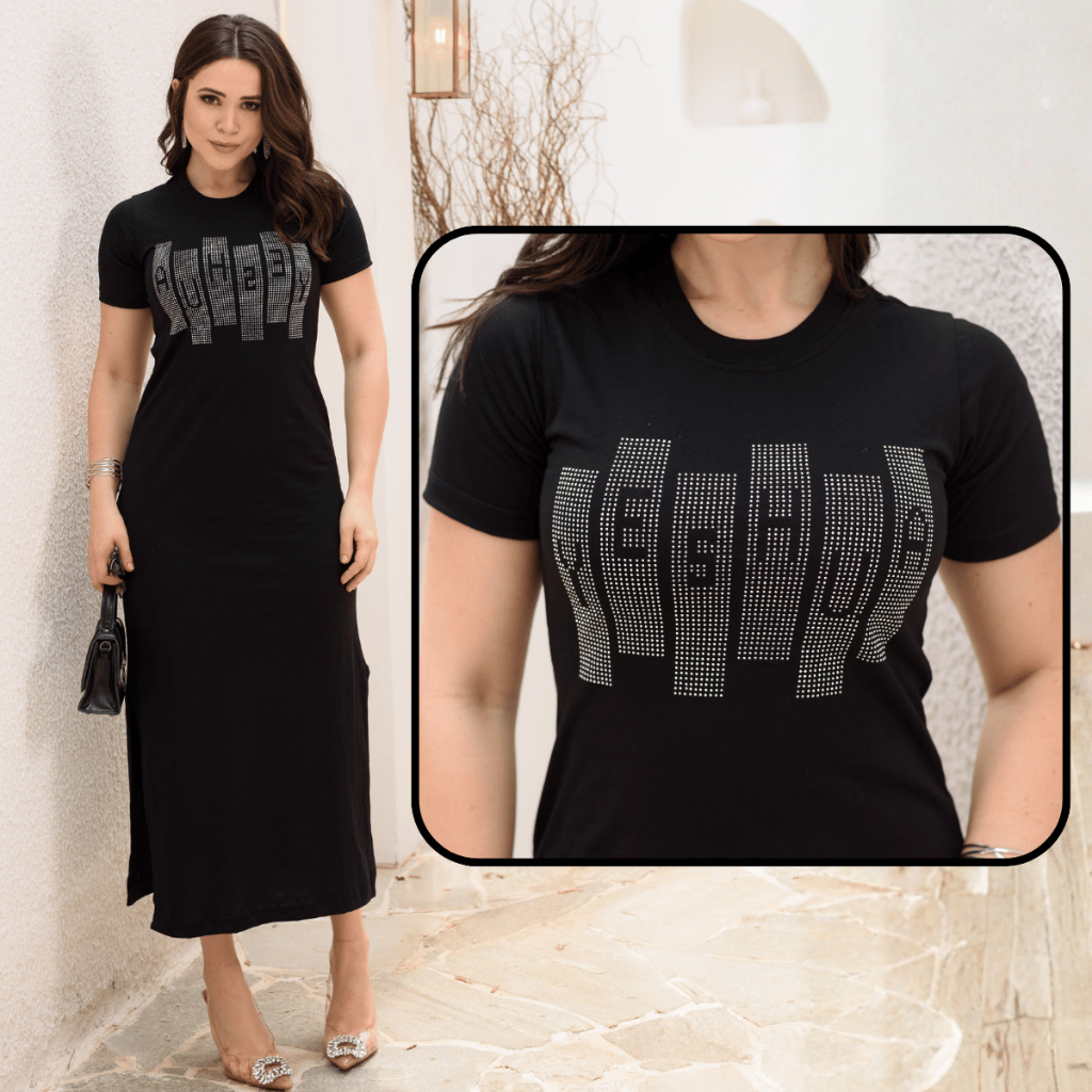 Vestido Midi Moda Evangelica Fenda Lateral Elegante Moda Casual Com Silk Soltinho Manga Bufante Cor