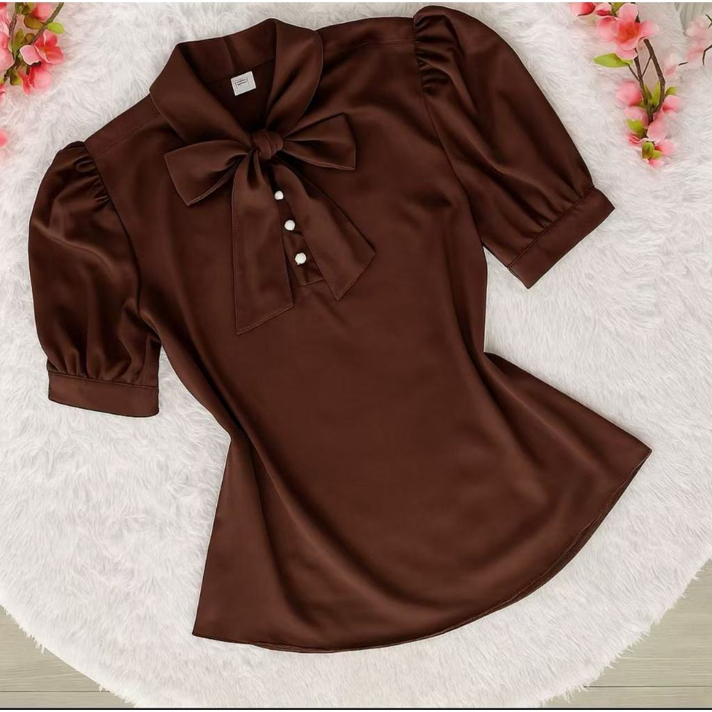 Blusa Plus Size G1 G2 G3 Feminina Social Manga Curta Bufante com laçinho Moda evangélica -0260