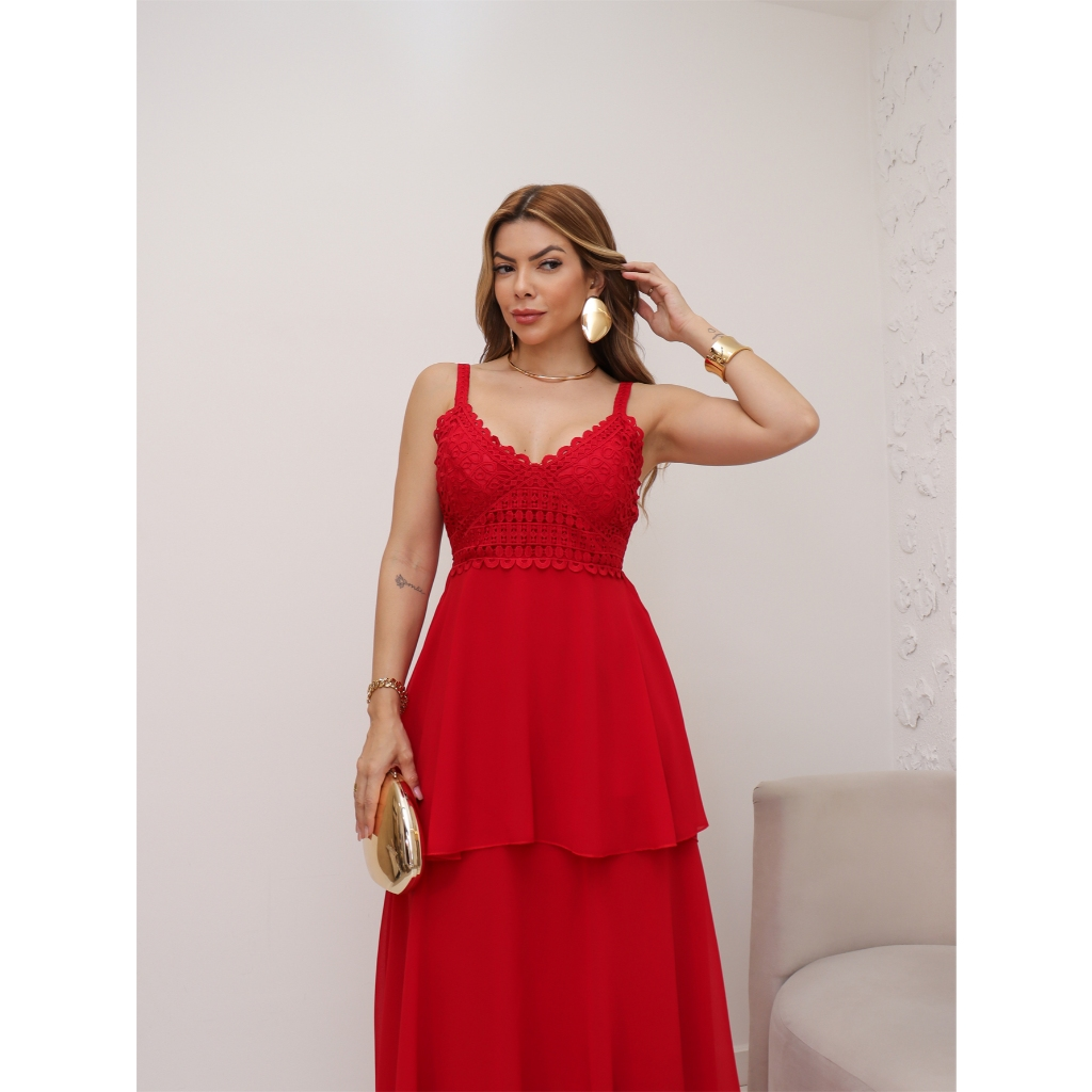 Vestido Longo Feminino Elegante Chiffon Com Bojo de Alcinha Festa Verão 3RD SD1551