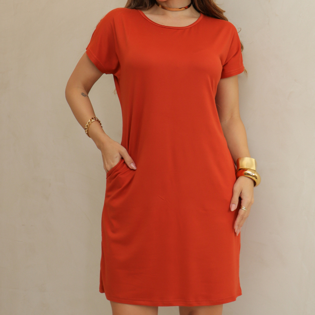 Vestido Curto Feminino Liso Malha Fria Bolso Elegante Casaul Moda Verão 3RD SD1288