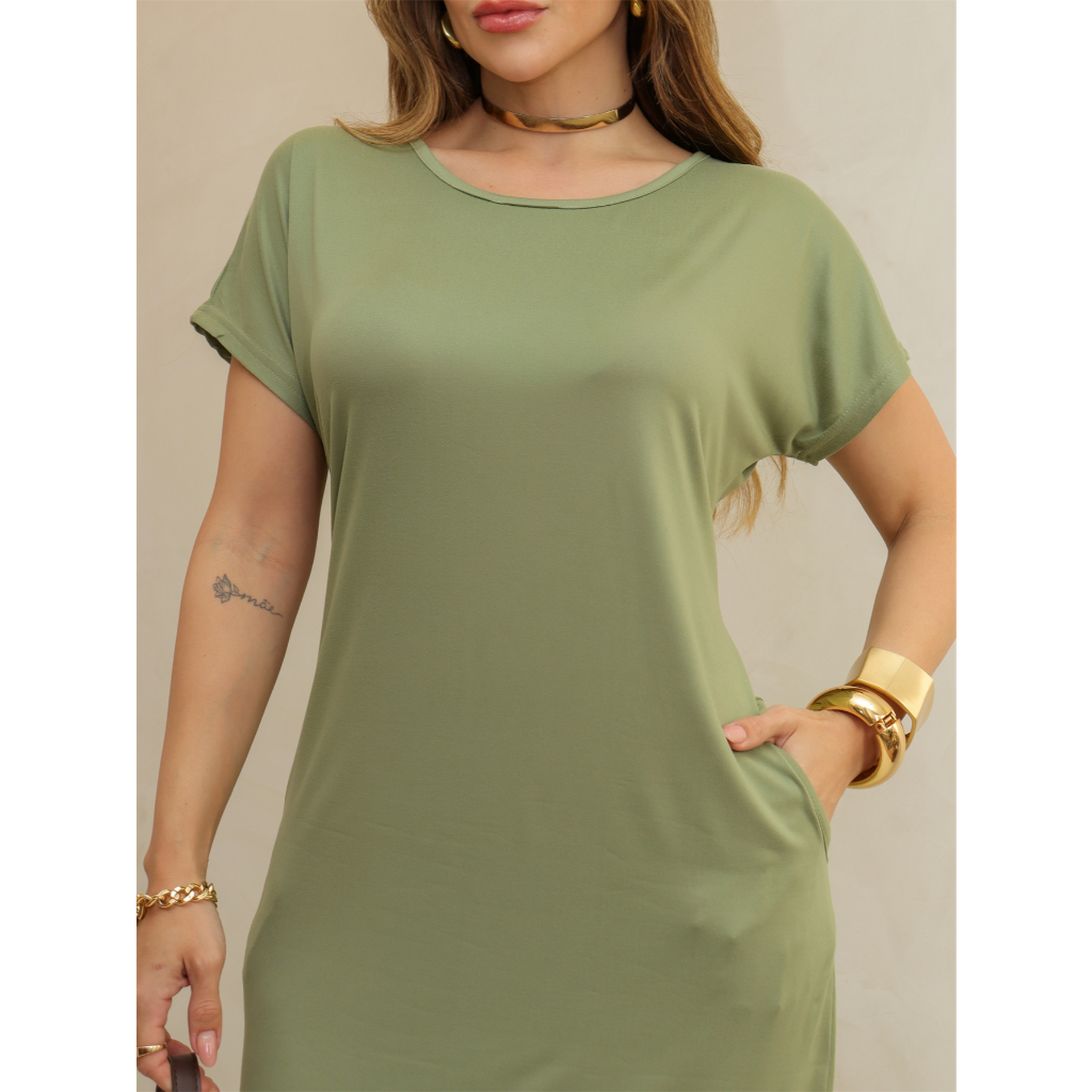 Vestido Curto Feminino Liso Malha Fria Bolso Elegante Casaul Moda Verão 3RD SD1288