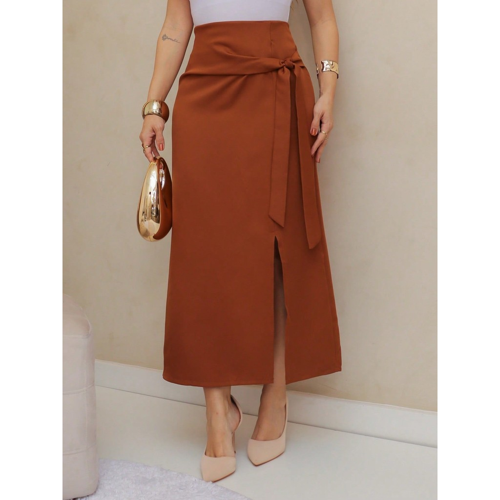 Frenchy Saia Envolvente Casual Feminina de Cor Sólida com Cordão, Primavera/Verão/M5509